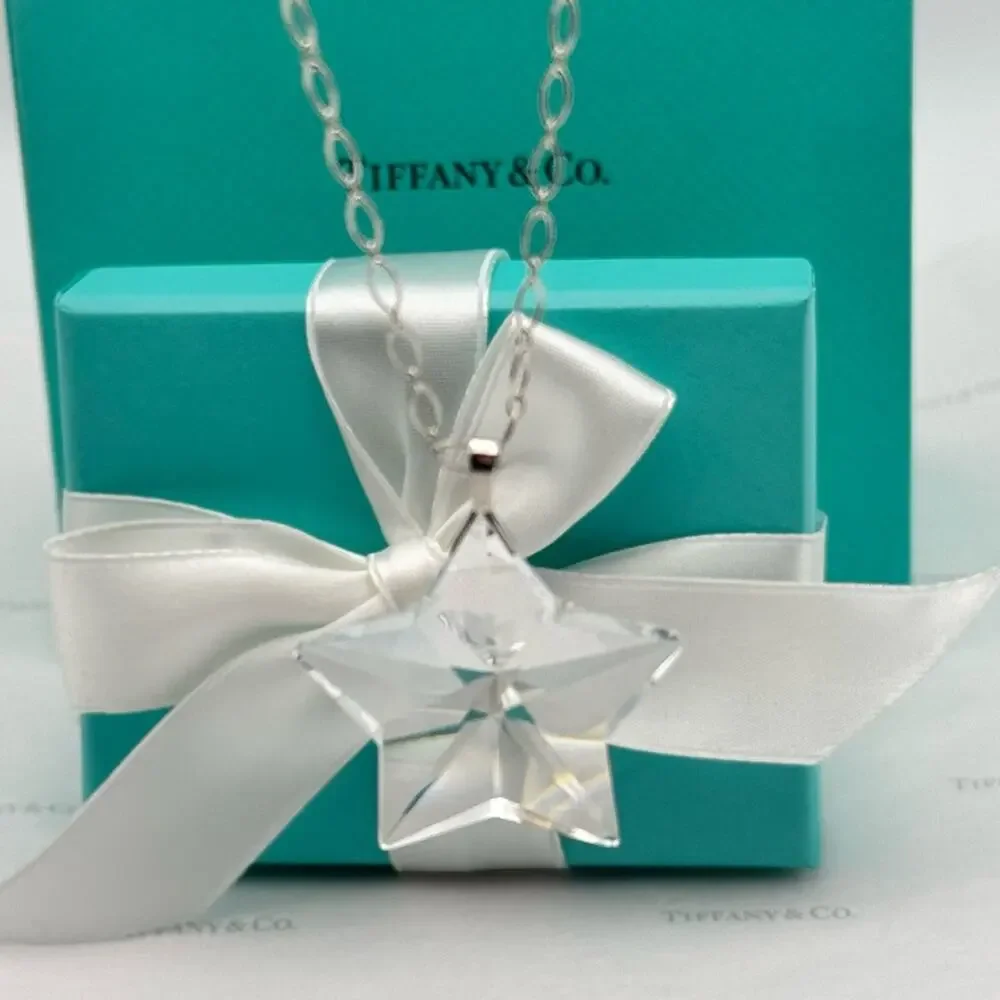 Tiffany & Co. Crystal Star Pendant Necklace Sterling Silver Chain Gift Box